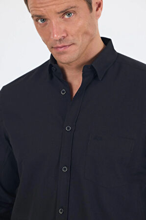 Siyah Uzun Kol Düz Armür Oval Yaka Casual Comfort Fit Gömlek 1004250249