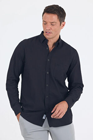 Siyah Uzun Kol Düz Armür Oval Yaka Casual Comfort Fit Gömlek 1004250249