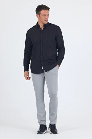 Siyah Uzun Kol Düz Armür Oval Yaka Casual Comfort Fit Gömlek 1004250249
