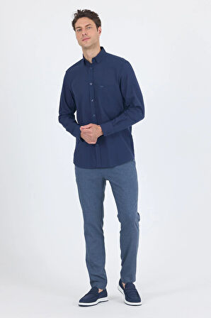 Lacivert Uzun Kol Düz Armür Oval Yaka Casual Comfort Fit Gömlek 1004250249