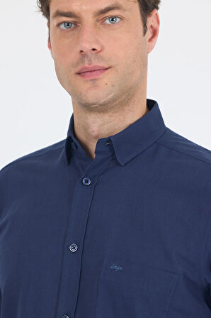 Lacivert Uzun Kol Düz Armür Oval Yaka Casual Comfort Fit Gömlek 1004250249