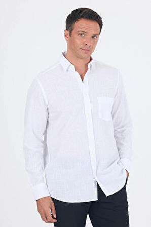Beyaz Uzun Kol Düz Armür Oval Yaka Casual Comfort Fit Gömlek 1004250249