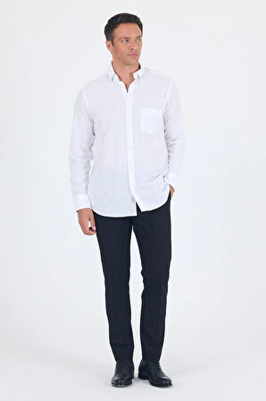 Beyaz Uzun Kol Düz Armür Oval Yaka Casual Comfort Fit Gömlek 1004250249
