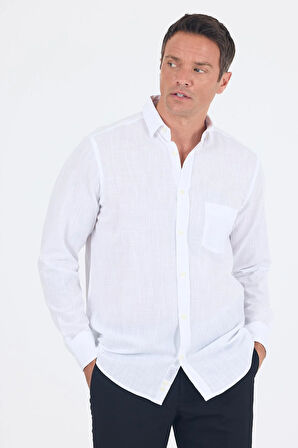 Beyaz Uzun Kol Düz Armür Oval Yaka Casual Comfort Fit Gömlek 1004250249