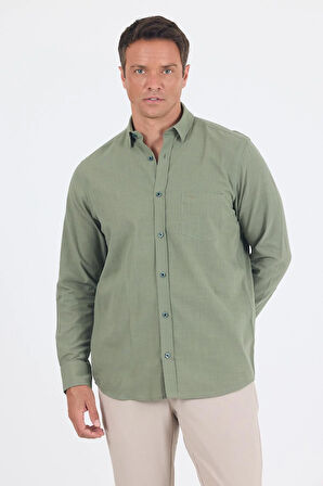 Koyu Haki Uzun Kol Düz Armür Oval Yaka Casual Comfort Fit Gömlek 1004250249