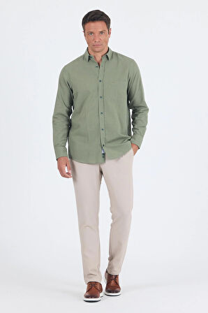 Koyu Haki Uzun Kol Düz Armür Oval Yaka Casual Comfort Fit Gömlek 1004250249