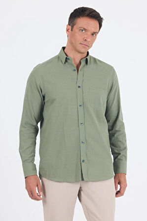 Koyu Haki Uzun Kol Düz Armür Oval Yaka Casual Comfort Fit Gömlek 1004250249
