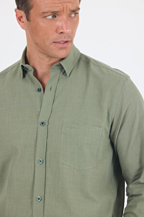 Koyu Haki Uzun Kol Düz Armür Oval Yaka Casual Comfort Fit Gömlek 1004250249