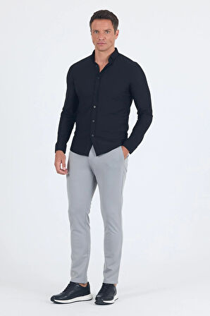 Siyah Smart Düğmeli Yaka Uzun Kol Cepsiz Slim Fit Esnek Gömlek Gömlek 1004250252