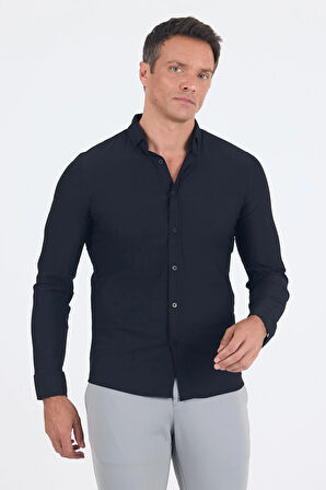 Siyah Smart Düğmeli Yaka Uzun Kol Cepsiz Slim Fit Esnek Gömlek Gömlek 1004250252