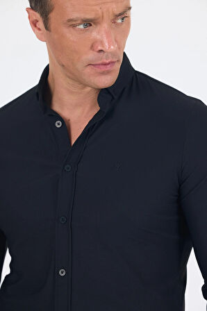 Siyah Smart Düğmeli Yaka Uzun Kol Cepsiz Slim Fit Esnek Gömlek Gömlek 1004250252