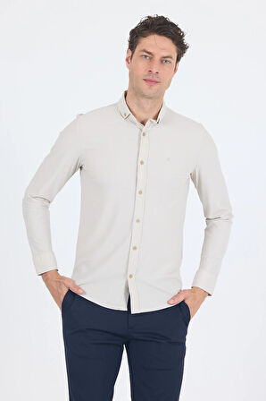 Taş Rengi Smart Düğmeli Yaka Uzun Kol Cepsiz Slim Fit Esnek Gömlek Gömlek 1004250252