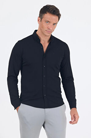 Siyah İtalyan Düğmeli Yaka UzunKol Cepsiz Slim Fit Gömlek 1004250254