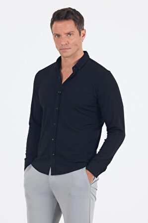 Siyah İtalyan Düğmeli Yaka UzunKol Cepsiz Slim Fit Gömlek 1004250254