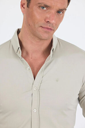 Gri İtalyan Düğmeli Yaka UzunKol Cepsiz Slim Fit Gömlek 1004250254