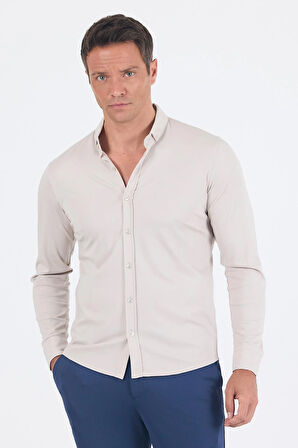 Taş Rengi İtalyan Düğmeli Yaka UzunKol Cepsiz Slim Fit Gömlek 1004250254