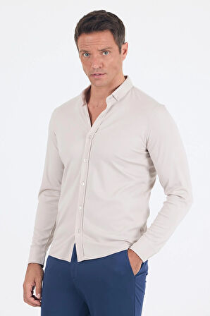 Taş Rengi İtalyan Düğmeli Yaka UzunKol Cepsiz Slim Fit Gömlek 1004250254