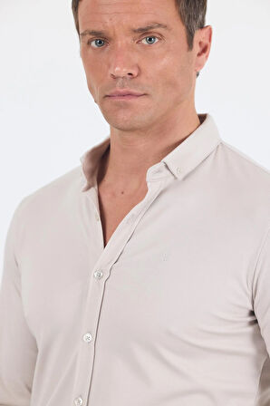 Taş Rengi İtalyan Düğmeli Yaka UzunKol Cepsiz Slim Fit Gömlek 1004250254