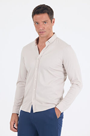 Taş Rengi İtalyan Düğmeli Yaka UzunKol Cepsiz Slim Fit Gömlek 1004250254