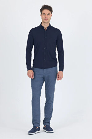 Koyu Lacivert İtalyan Düğmeli Yaka UzunKol Cepsiz Slim Fit Gömlek 1004250254
