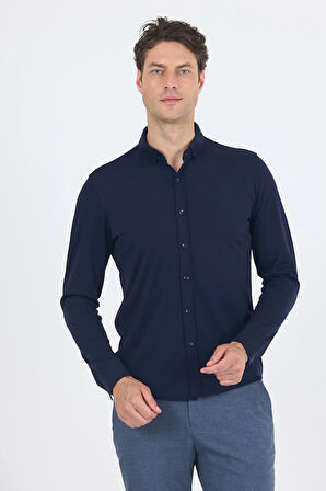 Koyu Lacivert İtalyan Düğmeli Yaka UzunKol Cepsiz Slim Fit Gömlek 1004250254