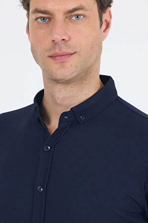 Koyu Lacivert İtalyan Düğmeli Yaka UzunKol Cepsiz Slim Fit Gömlek 1004250254