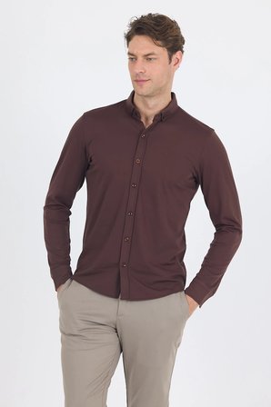 Koyu Kahverengi İtalyan Düğmeli Yaka UzunKol Cepsiz Slim Fit Gömlek 1004250254