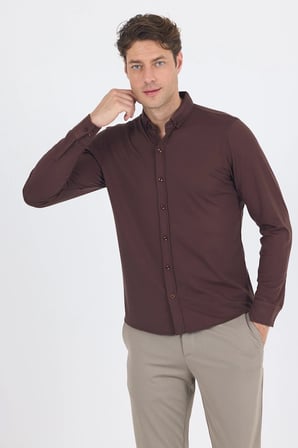 Koyu Kahverengi İtalyan Düğmeli Yaka UzunKol Cepsiz Slim Fit Gömlek 1004250254