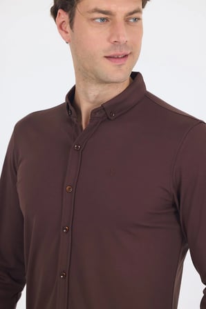 Koyu Kahverengi İtalyan Düğmeli Yaka UzunKol Cepsiz Slim Fit Gömlek 1004250254