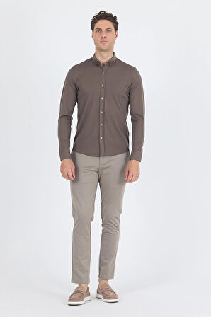Koyu Haki İtalyan Düğmeli Yaka UzunKol Cepsiz Slim Fit Gömlek 1004250254