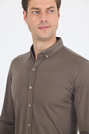 Koyu Haki İtalyan Düğmeli Yaka UzunKol Cepsiz Slim Fit Gömlek 1004250254