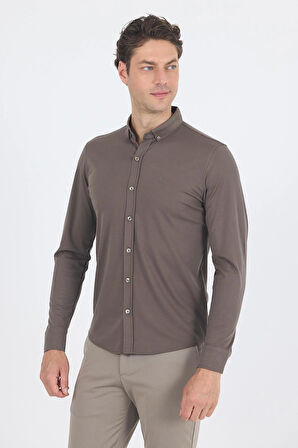 Koyu Haki İtalyan Düğmeli Yaka UzunKol Cepsiz Slim Fit Gömlek 1004250254