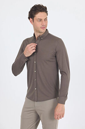 Koyu Haki İtalyan Düğmeli Yaka UzunKol Cepsiz Slim Fit Gömlek 1004250254