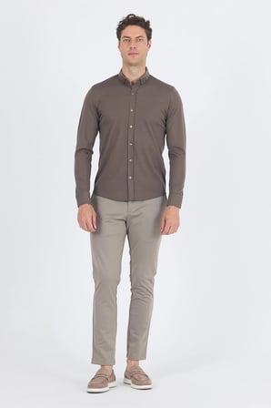 Koyu Haki İtalyan Düğmeli Yaka UzunKol Cepsiz Slim Fit Gömlek 1004250254