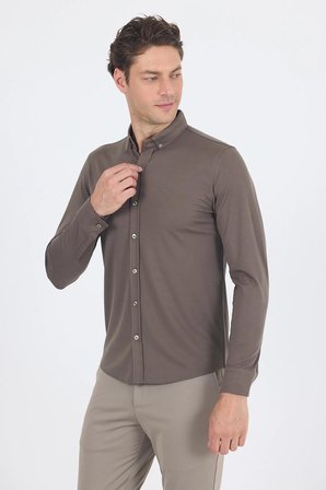 Koyu Haki İtalyan Düğmeli Yaka UzunKol Cepsiz Slim Fit Gömlek 1004250254