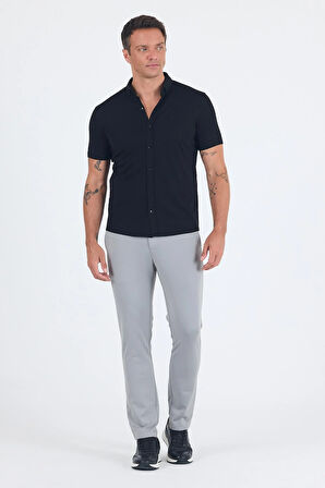Siyah italyan Düğmeli Yaka Kısa Kol Cepsiz Slim Fit Gömlek 1004250255
