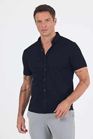 Siyah italyan Düğmeli Yaka Kısa Kol Cepsiz Slim Fit Gömlek 1004250255