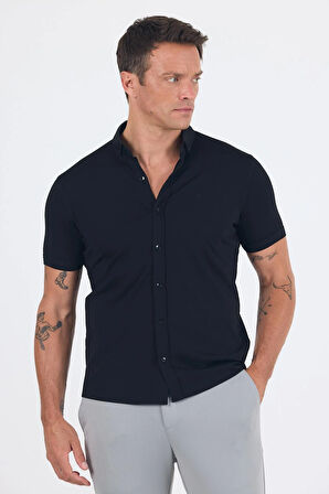 Siyah italyan Düğmeli Yaka Kısa Kol Cepsiz Slim Fit Gömlek 1004250255