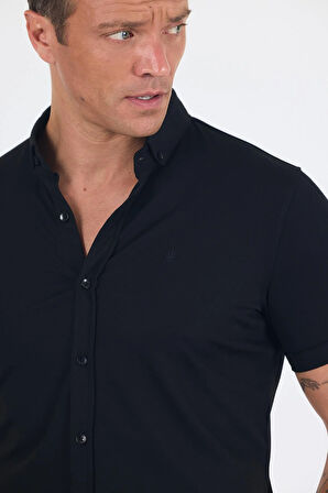 Siyah italyan Düğmeli Yaka Kısa Kol Cepsiz Slim Fit Gömlek 1004250255