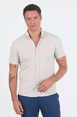 Taş Rengi italyan Düğmeli Yaka Kısa Kol Cepsiz Slim Fit Gömlek 1004250255