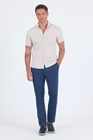 Taş Rengi italyan Düğmeli Yaka Kısa Kol Cepsiz Slim Fit Gömlek 1004250255