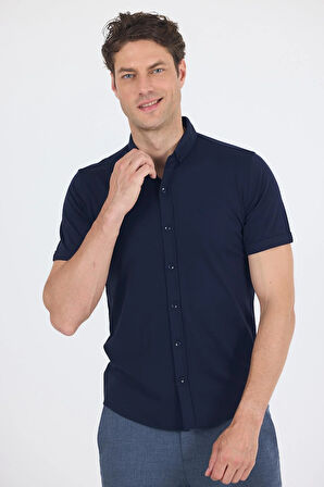Koyu Lacivert italyan Düğmeli Yaka Kısa Kol Cepsiz Slim Fit Gömlek 1004250255