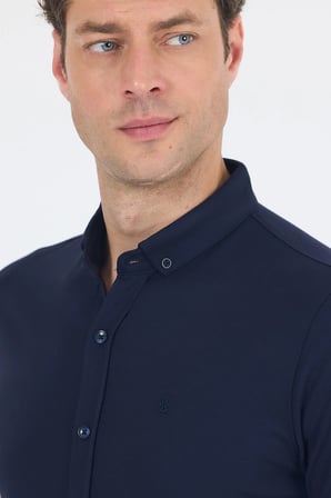 Koyu Lacivert italyan Düğmeli Yaka Kısa Kol Cepsiz Slim Fit Gömlek 1004250255
