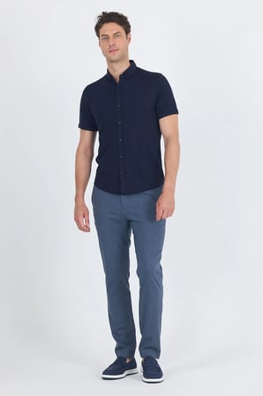Koyu Lacivert italyan Düğmeli Yaka Kısa Kol Cepsiz Slim Fit Gömlek 1004250255