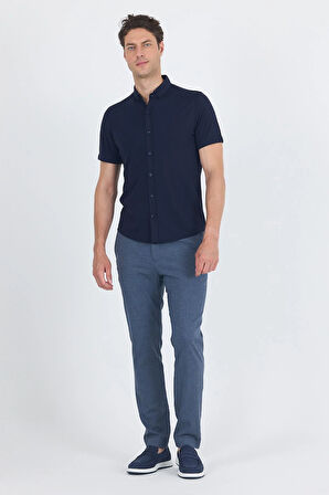 Koyu Lacivert italyan Düğmeli Yaka Kısa Kol Cepsiz Slim Fit Gömlek 1004250255