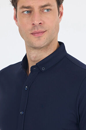 Koyu Lacivert italyan Düğmeli Yaka Kısa Kol Cepsiz Slim Fit Gömlek 1004250255