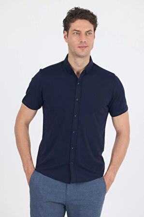 Koyu Lacivert italyan Düğmeli Yaka Kısa Kol Cepsiz Slim Fit Gömlek 1004250255
