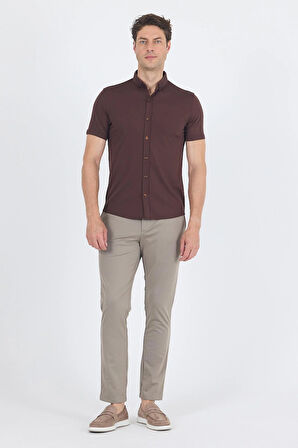 Koyu Kahverengi italyan Düğmeli Yaka Kısa Kol Cepsiz Slim Fit Gömlek 1004250255