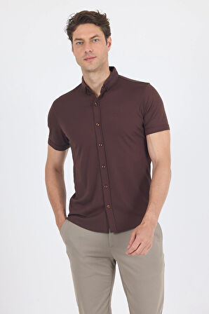 Koyu Kahverengi italyan Düğmeli Yaka Kısa Kol Cepsiz Slim Fit Gömlek 1004250255