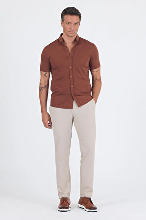 Kiremit italyan Düğmeli Yaka Kısa Kol Cepsiz Slim Fit Gömlek 1004250255